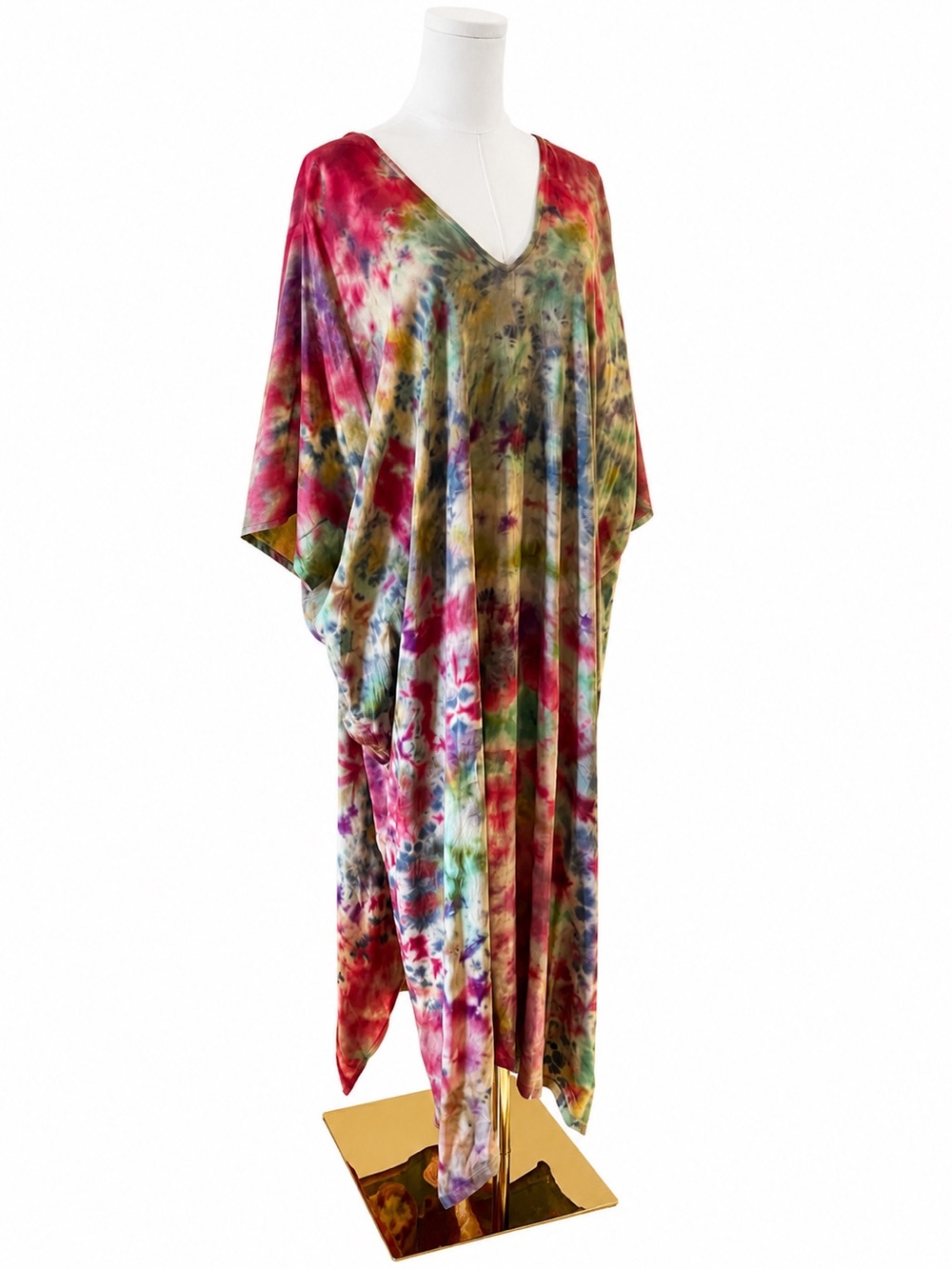 Mala Handworks Tie-Dye Abstract Kaftan Maxi Dress with V-Neck -Multicolor- OS